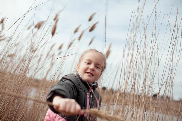 Cute little girl staying among reed at first sunny spring day and looking cheerfully, happy family weekend, outdoor closeup portrait, child plays fun in the reeds