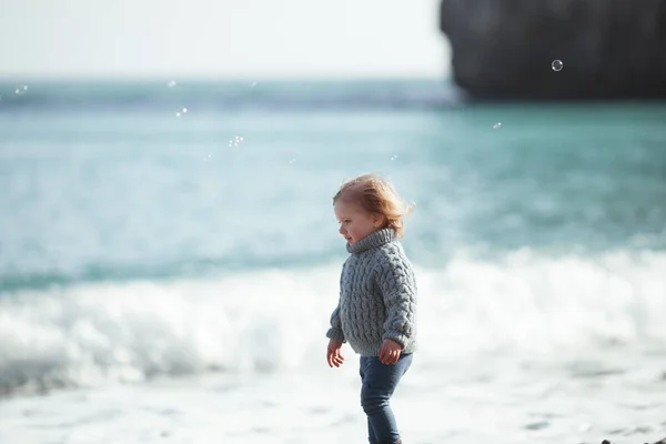Маленькая Девочка Синем Свитере Прогуливается Вдоль Морского Побережья Портрет — стоковое фото