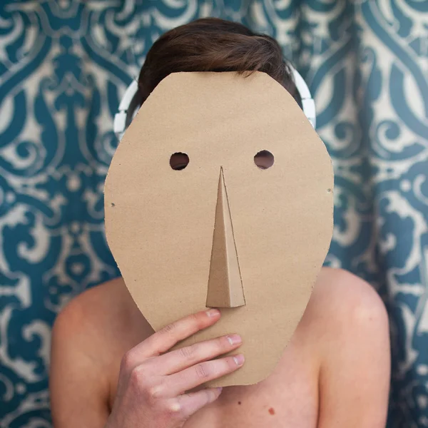 Portrait Teenager Child Hides His Face Cardboard Mask Indoor — Stock Photo, Image