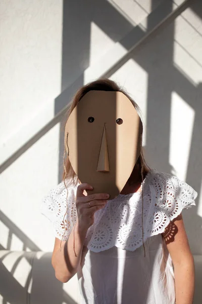 Portrait Woman Female Hides His Face Cardboard Mask Indoor — Stock Photo, Image