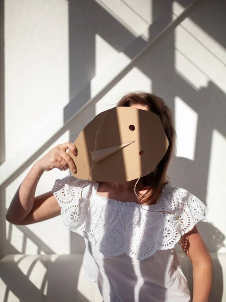 Portrait Woman Female Hides His Face Cardboard Mask Indoor — Stock Photo, Image