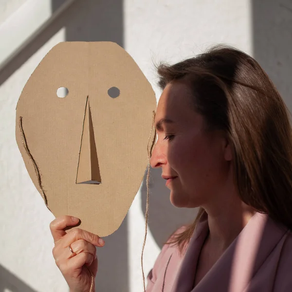 Portrait Woman Female Hides His Face Cardboard Mask Indoor — Stock Photo, Image