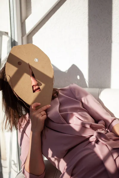 Portrait Woman Female Hides His Face Cardboard Mask Indoor — Stock Photo, Image