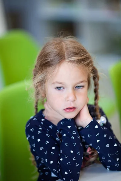 Portrait Beautiful Pensive Girl Pigtails Indoor — Stock Photo, Image