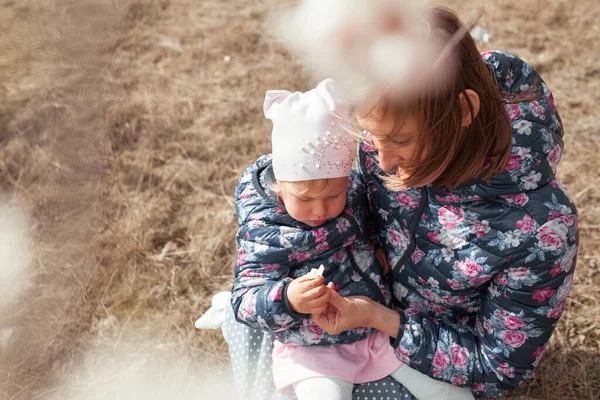 Portrait Happy Mother Daughter Background Almond Trees Blossom Woman Child — Stock Photo, Image