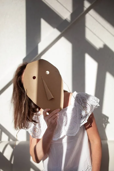 Portrait Woman Female Hides His Face Cardboard Mask Indoor — Stock Photo, Image