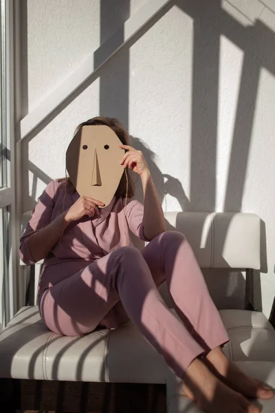 Portrait Woman Female Hides His Face Cardboard Mask Indoor — Stock Photo, Image