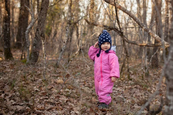 Ein Kleines Kind Spaziert Herbstlichen Wald Ein Mädchen Rosa Overall — Stockfoto