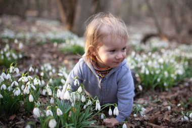 Kar damlalarının arasındaki küçük güzel kız. Bir çocuk bahar ormanında yürüyor..