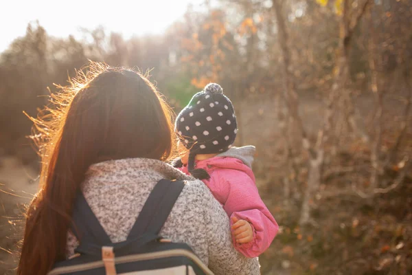 Mom Little Daughter Walk Spring Forest Mother Holds Baby Her — Stock Photo, Image