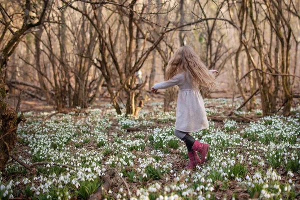 Uma Menina Bonita Numa Clareira Gotas Neve Uma Criança Caminha — Fotografia de Stock