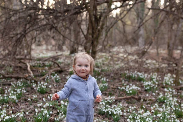 Niña Bonita Claro Gotas Nieve Niño Camina Bosque Primavera —  Fotos de Stock