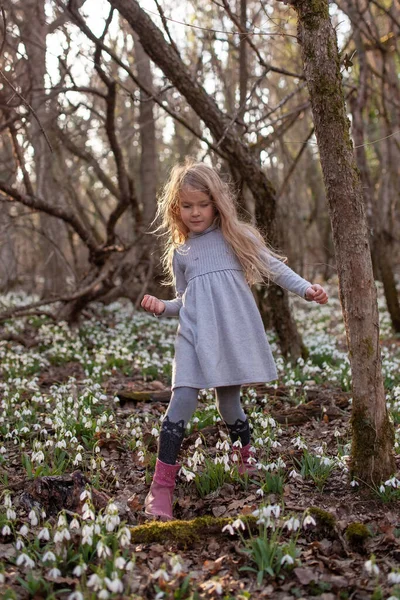 Kar Damlalarının Arasındaki Küçük Güzel Kız Bir Çocuk Bahar Ormanında — Stok fotoğraf