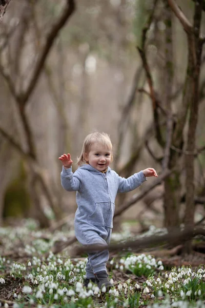 Ragazzina Carina Una Radura Bucaneve Bambino Cammina Nella Foresta Primaverile — Foto Stock