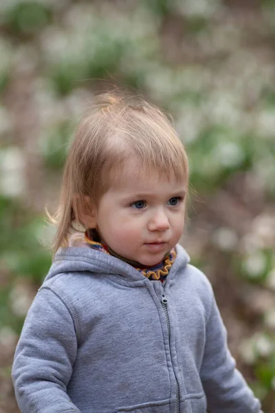 Niña Bonita Claro Gotas Nieve Niño Camina Bosque Primavera — Foto de Stock