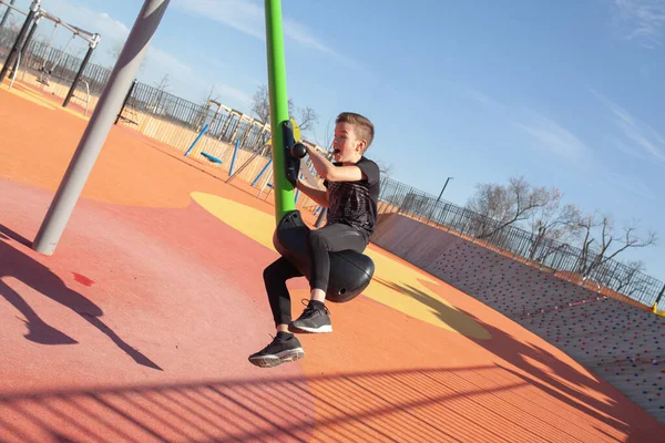 Cheerful Teenager Swinging Swing Park Playground Child Summer Walk Outdoor — Stock Photo, Image