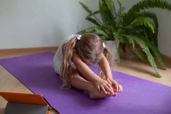 Красивая молодая девушка в спортивной одежде смотрит онлайн видео на ноутбуке и делает фитнес-упражнения дома. Дистанционное обучение с личным тренером, социальная дистанция или самоизоляция, концепция онлайн образования