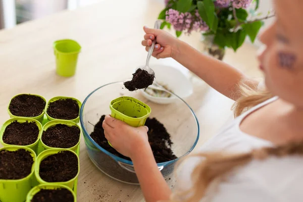 Little Girl White Shirt Plants Pea Seeds Green Pots Child — Stock Photo, Image