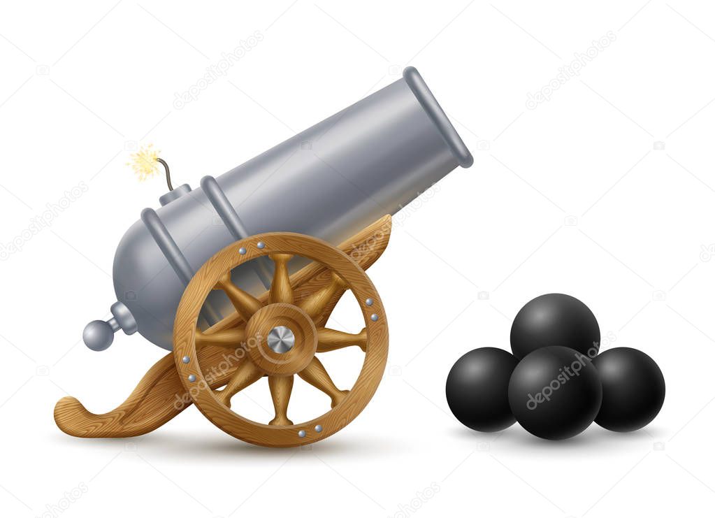 Cartoon illustration of cannon with cannonballs, weapon icon, EPS 10 contains transparency.