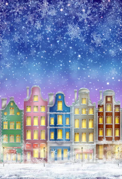 Zimowe miasto w nocy ze śniegiem Ilustracja Stockowa