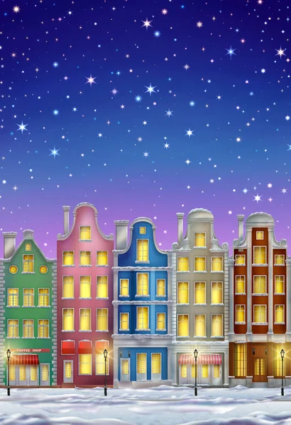 Winterstadt bei Nacht lizenzfreie Stockillustrationen