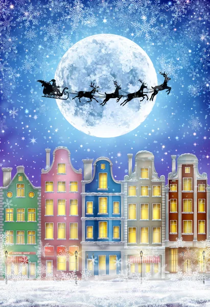 Ciudad de invierno con Luna y Santa Claus Ilustraciones De Stock Sin Royalties Gratis