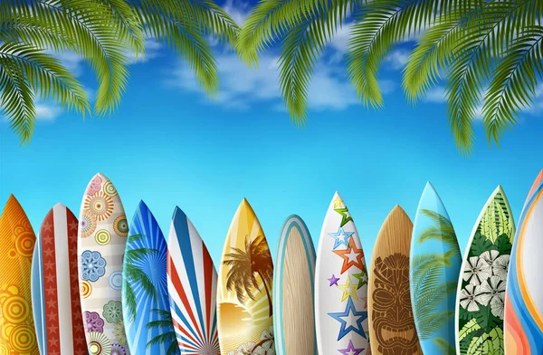 Surfboardy Řadě Originálním Designem Barevným Potiskem Pozadí Čisté Oblohy Palmové — Stockový vektor