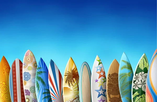 Sıraya Dizilmiş Sörf Tahtaları Orijinal Tasarım Renkli Baskılar Temiz Gökyüzünün — Stok Vektör