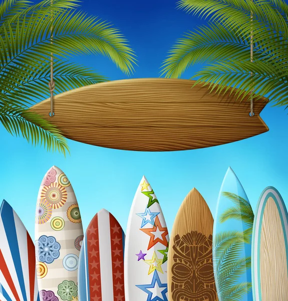Clean Wooden Surfboard Signboard Ropes Background Surfboards Row Original Design — Stock Vector