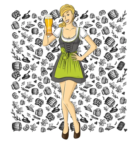 Woman In Drindl On Oktoberfest — Stock Vector