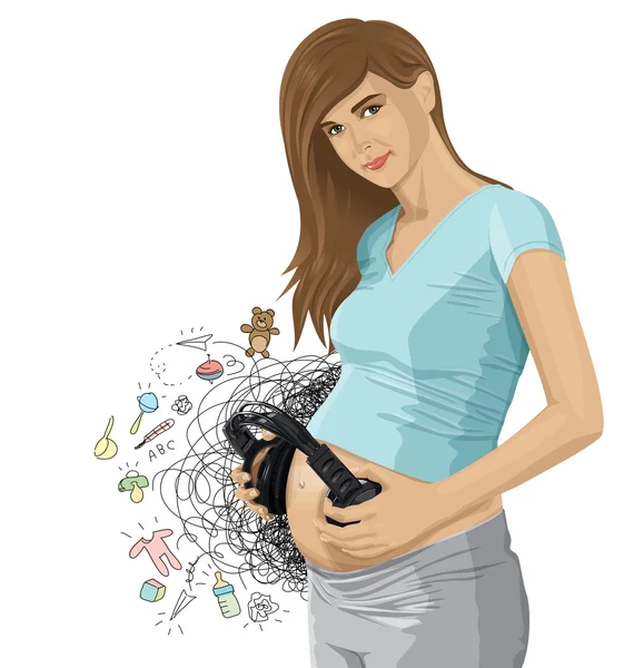 Zwangere vrouw met hoofdtelefoon — Stockvector
