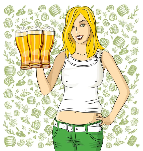 Oktoberfest bira cam kadınla — Stok Vektör