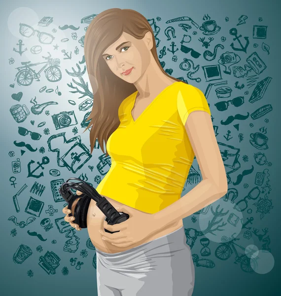 Pregnant woman with headphones near tummy — Stock Vector