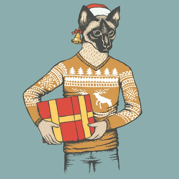 Katze in menschlicher Kleidung und Weihnachtsmütze — Stockvektor