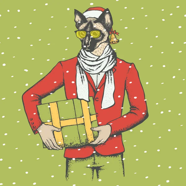 Chat en vêtements humains et chapeau de Père Noël — Image vectorielle