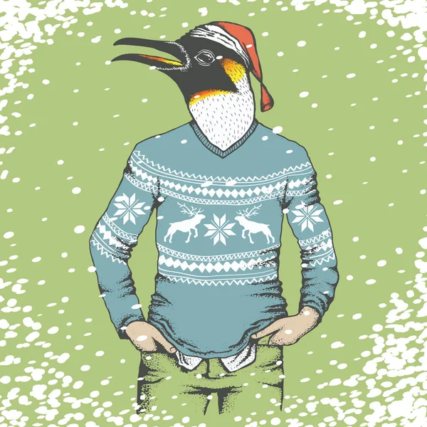 Penguen insan sweatshirt ve Noel Baba şapkası — Stok Vektör