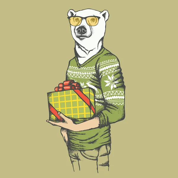 Oso polar blanco con regalo — Vector de stock