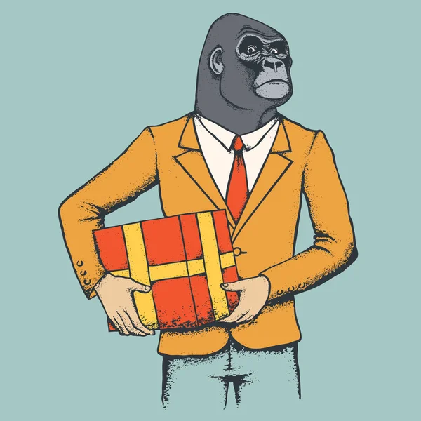 Afrikaanse gorilla met cadeau — Stockvector