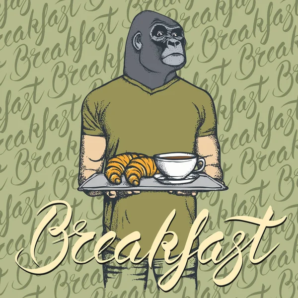 Gorille avec croissant et café — Image vectorielle