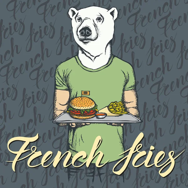 Oso blanco con hamburguesa y papas fritas — Archivo Imágenes Vectoriales