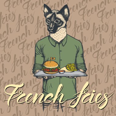 kedi burger ve patates kızartması ile