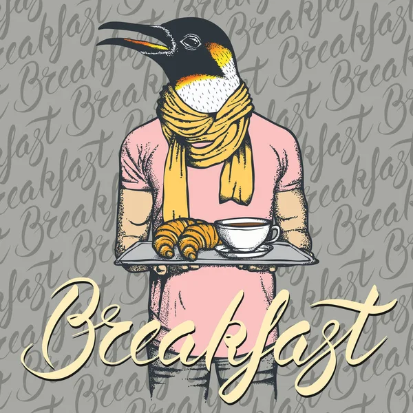 Pingouin avec croissants et café — Image vectorielle