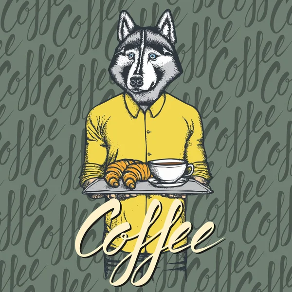 Kruvasan ve kahve ile Husky köpek — Stok Vektör
