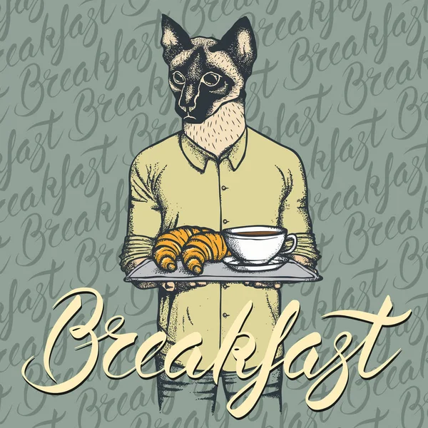 Chat avec croissants et café — Image vectorielle