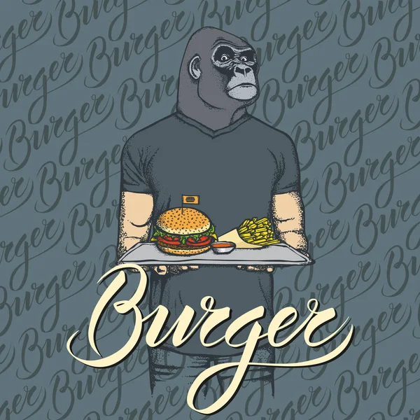 Gorilla mit Burger und Pommes — Stockvektor
