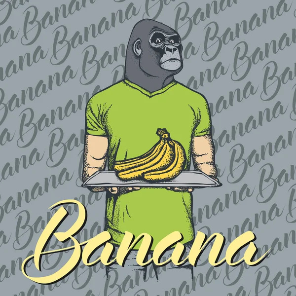 Gorilla banánnal a tálca — Stock Vector