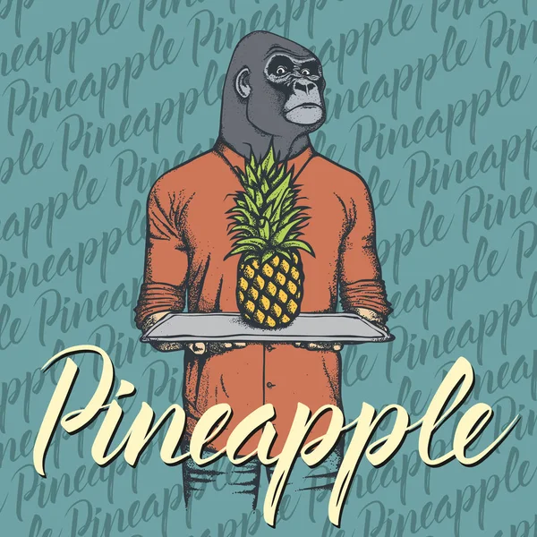 Gorilla with pineapple on tray — Stock Vector