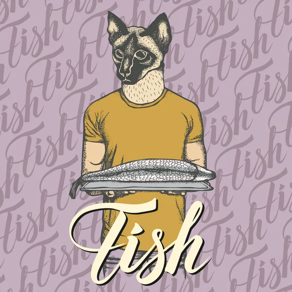 Gato con pescado fresco — Archivo Imágenes Vectoriales