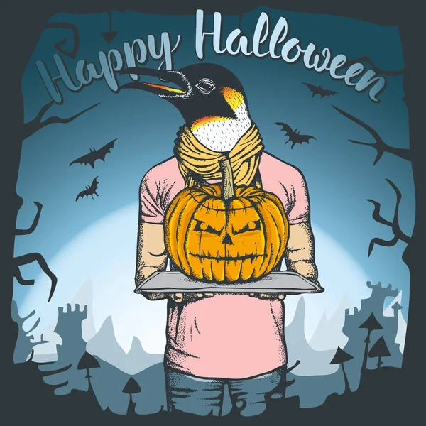 Tučňák drží Halloween dýně — Stockový vektor