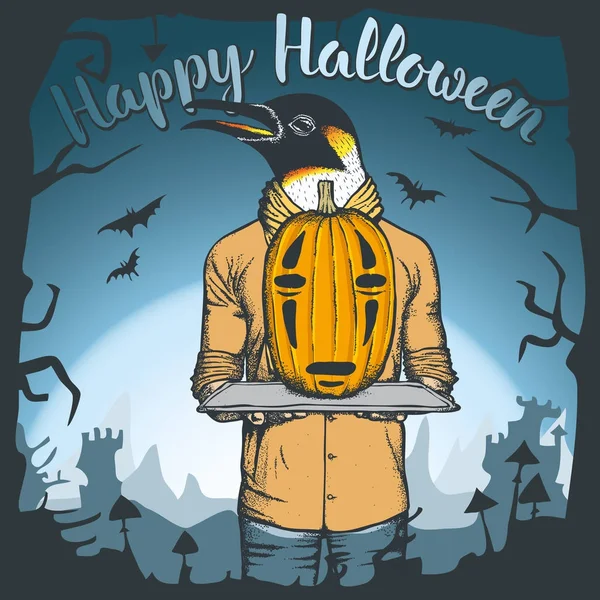 Pingouin tenant Halloween citrouille — Image vectorielle